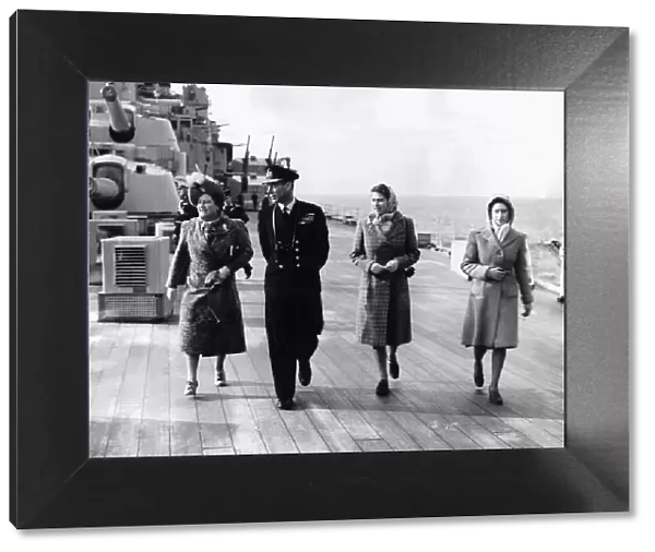 King George VI and Queen (now Queen Mother) on the deck of HMS Vanguard with their