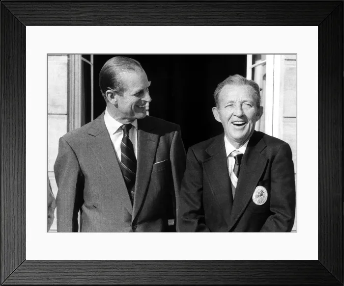 Framed Print : Bing Crosby meets Prince Philip at Buckingham palace 1976 Framed Print : Bing Crosby meets Prince Philip at Buckingham palace 1976