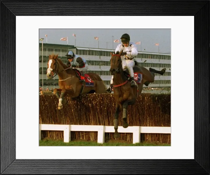 Framed Print : Nahthen Lad right Mr Mulligan at the last to win the Sun Alliance Chase at Cheltenham Framed Print : Nahthen Lad right Mr Mulligan at the last to win the Sun Alliance Chase at Cheltenham