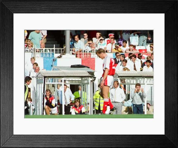 Framed Print : Arsenal 1 v. Coventry 2. Arsenals Lee Dixon hangs his head after scoring an Framed Print : Arsenal 1 v. Coventry 2. Arsenals Lee Dixon hangs his head after scoring an