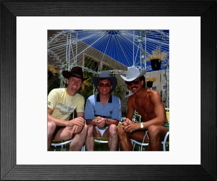 Framed Print : Scotland players Roy Aitken, Graeme Souness and manager Alex Ferguson all wearing cowboy Framed Print : Scotland players Roy Aitken, Graeme Souness and manager Alex Ferguson all wearing cowboy