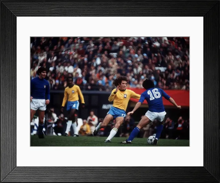 Framed Print : Italy v Brazil World Cup 1978 football Dirceu of Brazil faces Causio