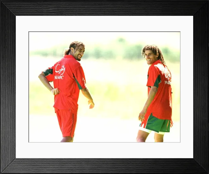 Framed Print : World Cup France 1998 Football Morocco players Hadji during training with a team mate Framed Print : World Cup France 1998 Football Morocco players Hadji during training with a team mate