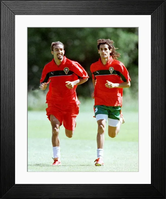 Framed Print : World Cup France 1998 Football Morocco players Hadji during training with a team mate Framed Print : World Cup France 1998 Football Morocco players Hadji during training with a team mate