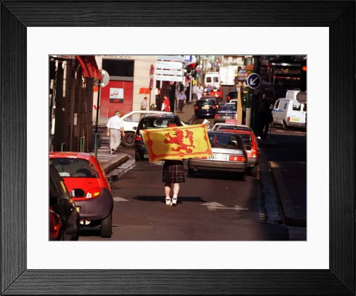 Framed Print : Scots Fan World Cup France 1998 Football Walking middle of road wearing a
