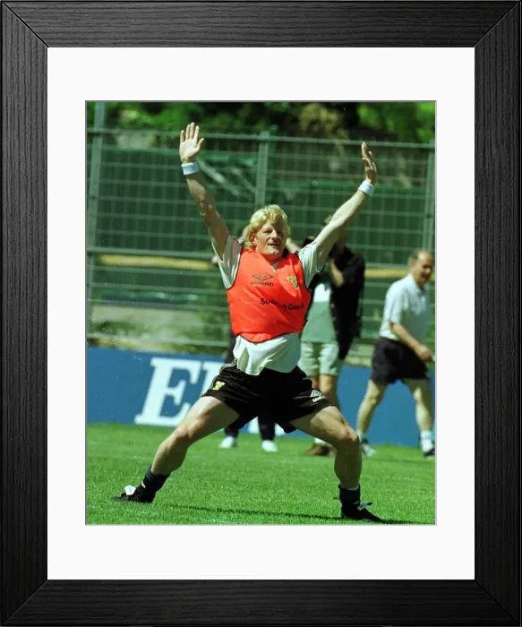 Framed Print : World Cup France June 1998 Scotland football training Colin Hendry stands with legs apart