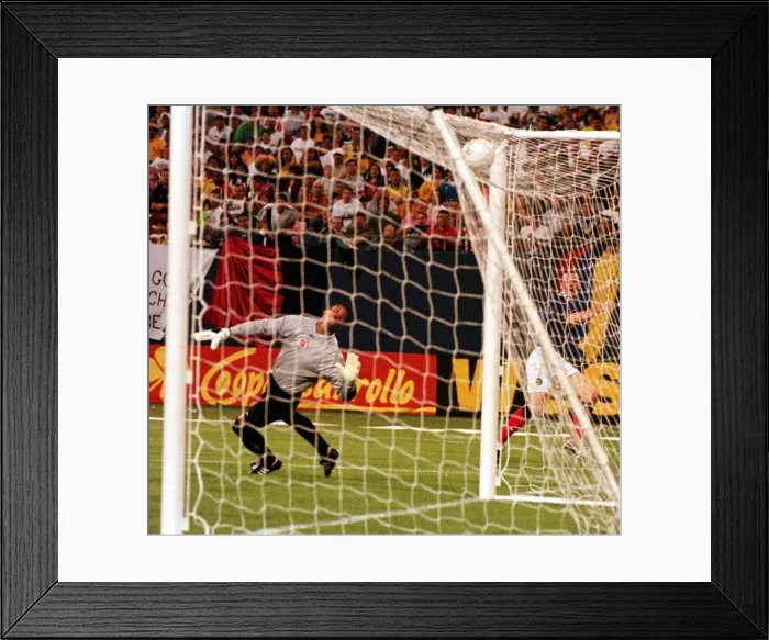 Framed Print : Craig Burley scores second goal for Scotland in a World Cup warm up match in the Giants Framed Print : Craig Burley scores second goal for Scotland in a World Cup warm up match in the Giants