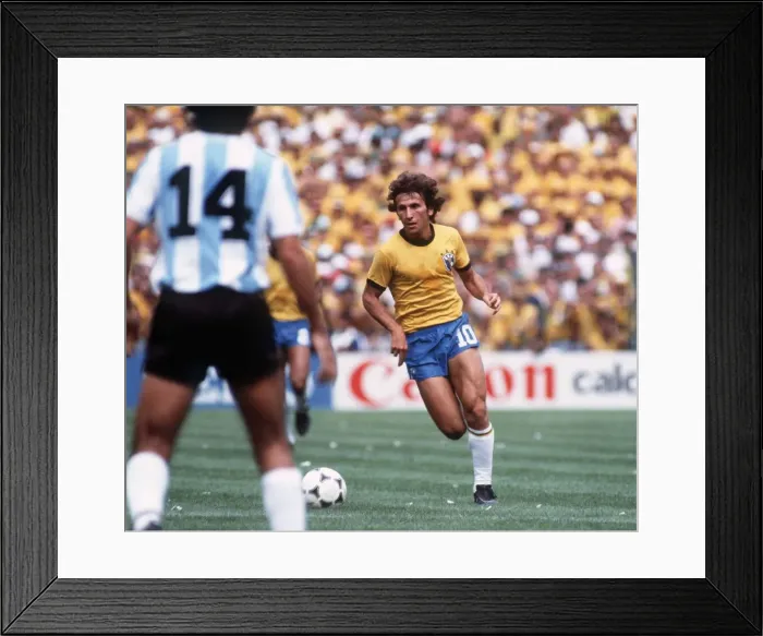 Framed Print : Brazil World Cup 1982 football Argentina v Brazil Zico on the ball as Jorge Olguin