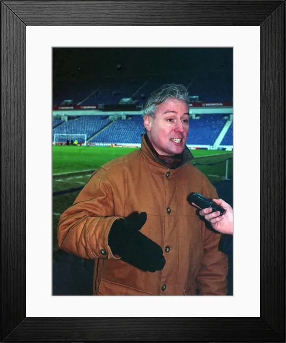 Framed Print : TV Presenter Jim White at Ibrox Stadium being interviewed - February 1998