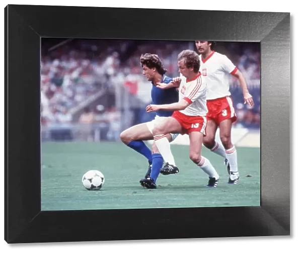 Poland v Italy 1982 World Cup Matysik (13) puts in a tackle on Rossi