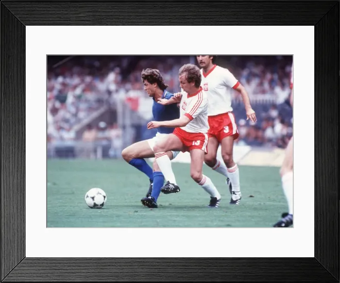 Framed Print : Poland v Italy 1982 World Cup Matysik (13) puts in a tackle on Rossi Framed Print : Poland v Italy 1982 World Cup Matysik (13) puts in a tackle on Rossi