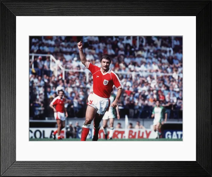Framed Print : Algeria v Austria in 1982 World Cup Hans Krankl of Austria raises his arm Framed Print : Algeria v Austria in 1982 World Cup Hans Krankl of Austria raises his arm