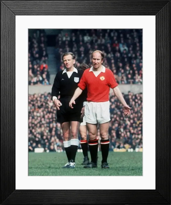 Framed Print : Bobby Charlton 1973 Manchester United Manchester City football standing in front of Framed Print : Bobby Charlton 1973 Manchester United Manchester City football standing in front of