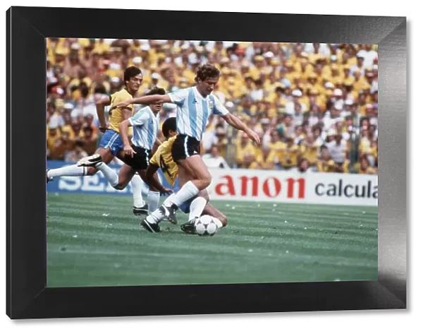 Argentina v Brazil 1982 World Cup match Calderon tackled by Luisinho