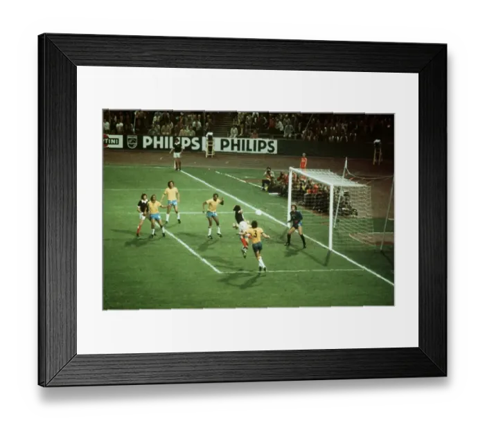 Framed Print : World Cup 1974 Scotland Brazil Joe Jordan heading ball at goal football Framed Print : World Cup 1974 Scotland Brazil Joe Jordan heading ball at goal football