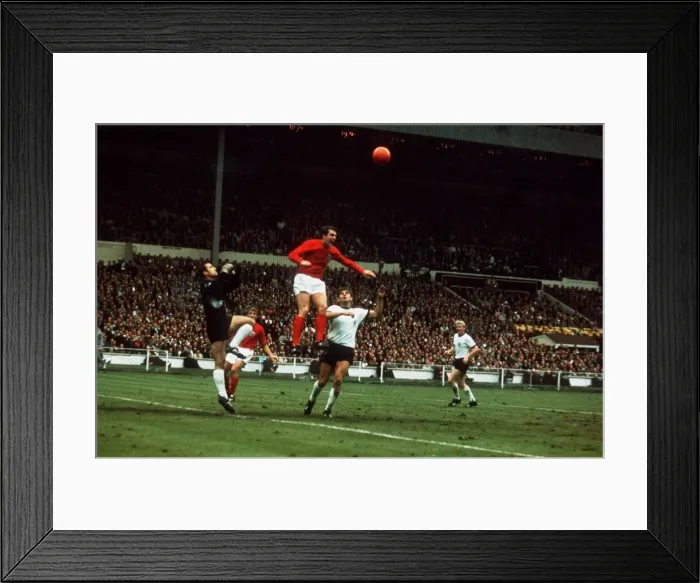 Framed Print : World Cup Final Football 1966 England 4 Germany 2 at Wembley Geoff Hurst jumps Framed Print : World Cup Final Football 1966 England 4 Germany 2 at Wembley Geoff Hurst jumps