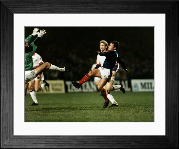 Framed Print : World Cup Qualifying Round 1990 Scotland v Norway Ally McCoist shoots Framed Print : World Cup Qualifying Round 1990 Scotland v Norway Ally McCoist shoots