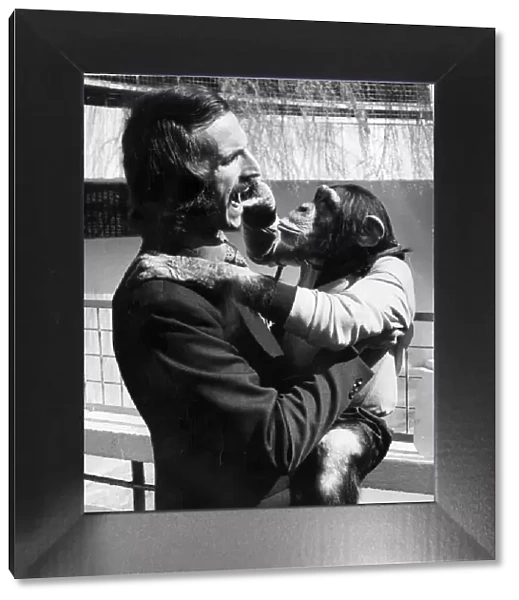 Derek Dougan Wolverhampton Wanderers football player with Monty the chimp at Dudley Zoo