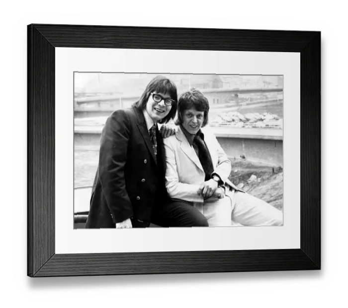 Framed Print : Disc Jockey Richard Park wearing glasses with Steve Jones circa 1975