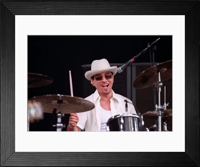 Framed Print : Drummer from pop group Fun Loving Criminals on stage at T in the Park July 1999 Framed Print : Drummer from pop group Fun Loving Criminals on stage at T in the Park July 1999