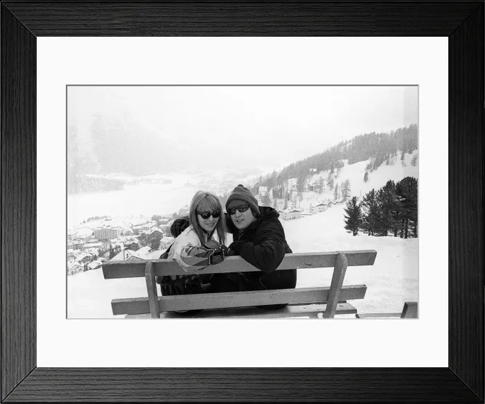 Framed Print : Beatles singer John Lennon with his wife Cynthia on a skiing holiday in St Moritz