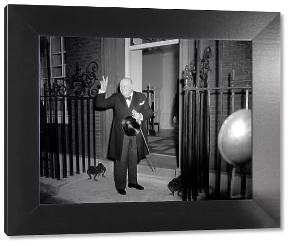 Sir Winston Churchill - 1955 British Prime Minister V sign outside Downing Street