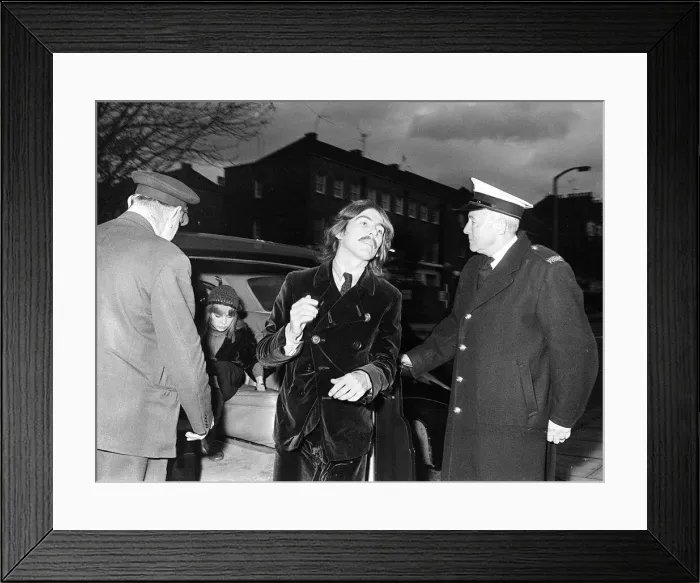 Framed Print : George Harrison and wife Patti Boyd arrive at the memorial service for Beatles manager Framed Print : George Harrison and wife Patti Boyd arrive at the memorial service for Beatles manager