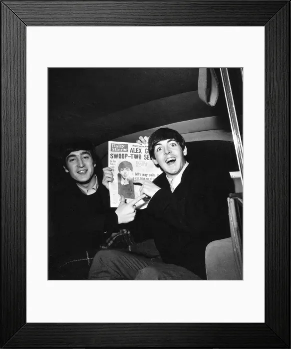 Framed Print : Paul makes the front page, John Lennon & Paul McCartney with copy of Daily Mirror Framed Print : Paul makes the front page, John Lennon & Paul McCartney with copy of Daily Mirror