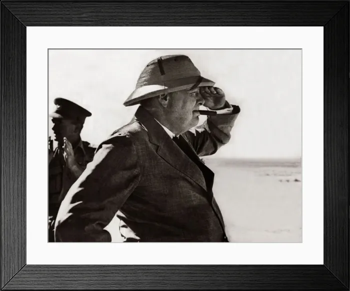 Framed Print : World War Two. British Prime Minister Winston Churchill viewing the Alemein position Framed Print : World War Two. British Prime Minister Winston Churchill viewing the Alemein position