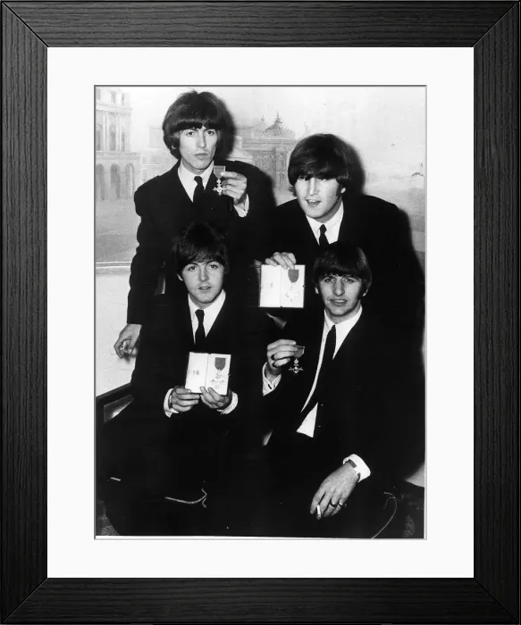 Framed Print : The Beatles pose with their MBEs at a press conference held at the Saville Theatre Framed Print : The Beatles pose with their MBEs at a press conference held at the Saville Theatre