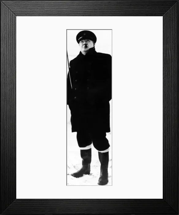 Framed Print : Sir Winston Churchill - British Prime Minister, in uniform and hat, smoking cigar Framed Print : Sir Winston Churchill - British Prime Minister, in uniform and hat, smoking cigar