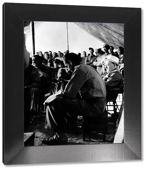 British Prime Minister Winston Churchill in a briefing tent for American Flying Fortress