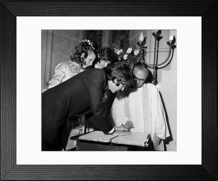 Framed Print : Paul McCartney is witness to his brother Mikes wedding to Angela Fishwick signing