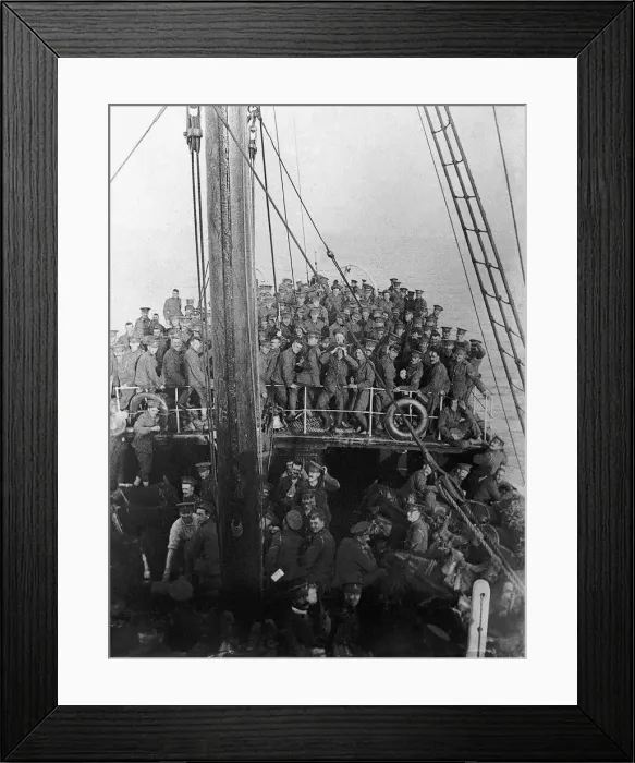 Framed Print : World War I British soldiers and their horses on board ship on their way across Framed Print : World War I British soldiers and their horses on board ship on their way across