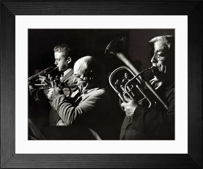 Framed Print : musicians, brass instruments - trumpet - tuba - brass band circa 1950 Framed Print : musicians, brass instruments - trumpet - tuba - brass band circa 1950