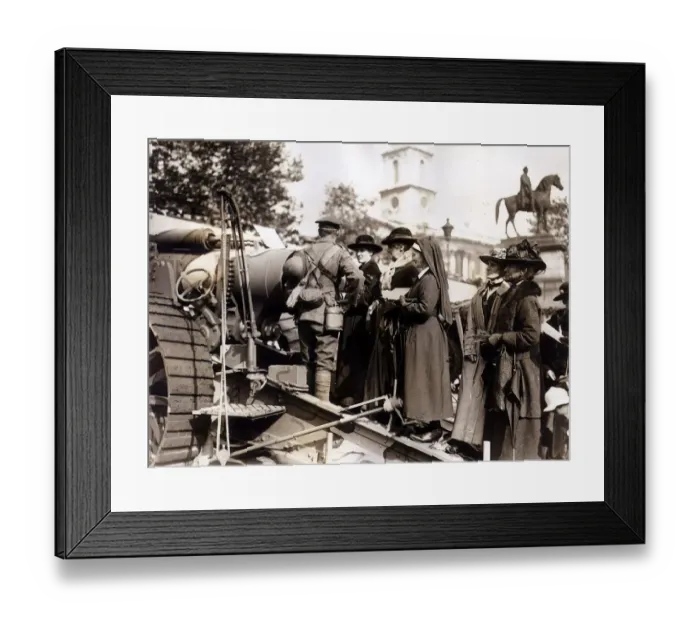 Framed Print : Women queue fo buy war bonds at Trafalgar Square. A Soldier stands by a tank promoting Framed Print : Women queue fo buy war bonds at Trafalgar Square. A Soldier stands by a tank promoting