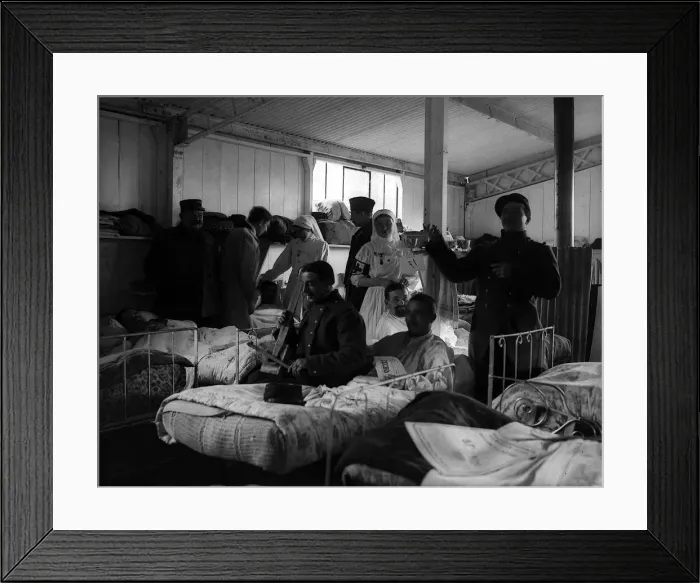 Framed Print : French soldiers entertaining wounded comarade in hospital during World War One