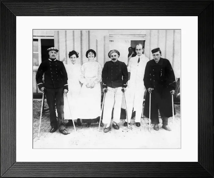 Framed Print : World War I Belgian soldiers who shot General Von Beulow standing on crutches in hospital