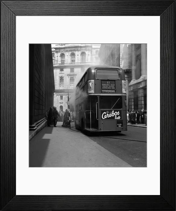 Framed Print : Red Double Decker Bus on Fire - May 1959 firemen attempt to tackle the fire Framed Print : Red Double Decker Bus on Fire - May 1959 firemen attempt to tackle the fire