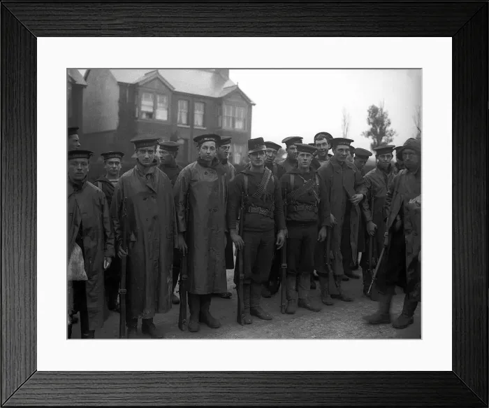 Framed Print : World War One British Marines return to Walmer Oct 1914 with a belgian soldier who Framed Print : World War One British Marines return to Walmer Oct 1914 with a belgian soldier who