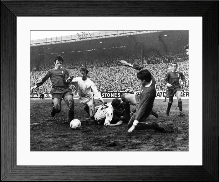 Framed Print : Tommy Lawrence Liverpool keeper fouls Billy Bremner 1969 Framed Print : Tommy Lawrence Liverpool keeper fouls Billy Bremner 1969