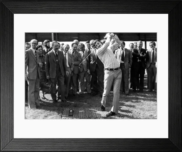 Framed Print : Jimmy Hill swings into action to open the golf driving range at Packington Park Framed Print : Jimmy Hill swings into action to open the golf driving range at Packington Park