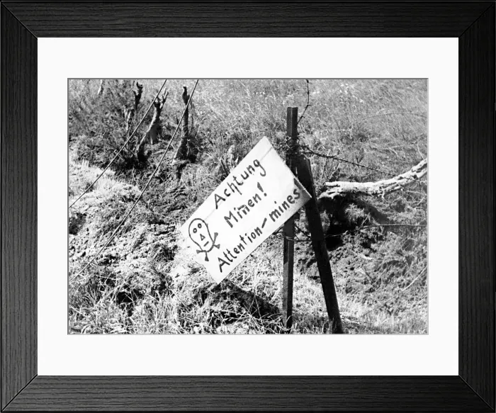 Framed Print : Warning of German minefield found by Canadian soldiers on arrival in France Framed Print : Warning of German minefield found by Canadian soldiers on arrival in France