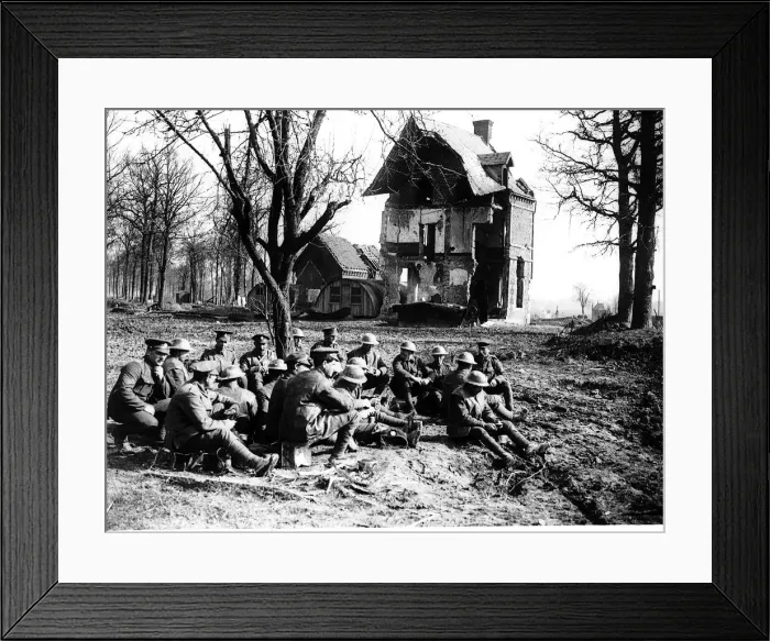 Framed Print : World War One Troops sitting outside bombed house in France May 1918 Framed Print : World War One Troops sitting outside bombed house in France May 1918