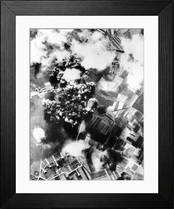 Framed Print : Bombs explode on the Luftwaffe base at Briest north east of Brussels believed to be a Framed Print : Bombs explode on the Luftwaffe base at Briest north east of Brussels believed to be a