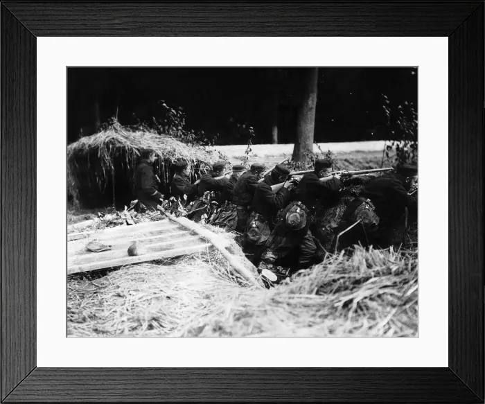 Framed Print : Belgian soldiers firing from a trench in woodland 1914 World War One Framed Print : Belgian soldiers firing from a trench in woodland 1914 World War One