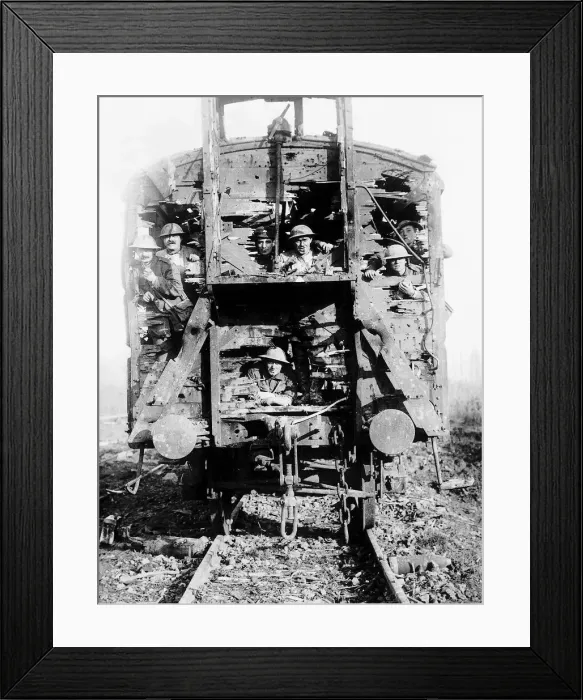 Framed Print : British soldiers aboard French railway coach 1916 wrecked by shell fire in World