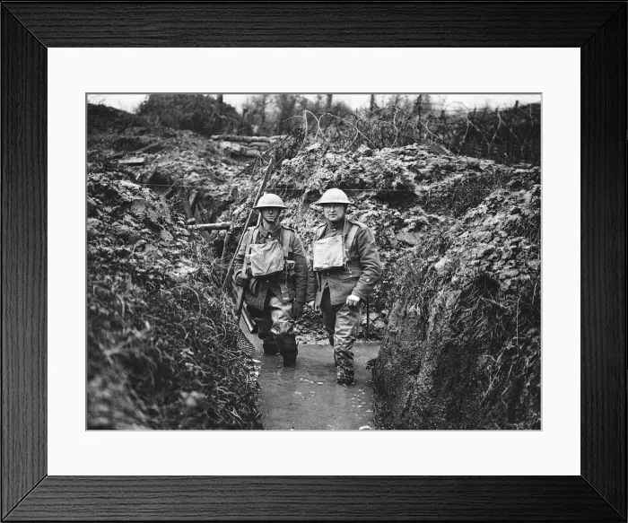 Framed Print : World War One - Two British soldiers stand in a flooded communications trench