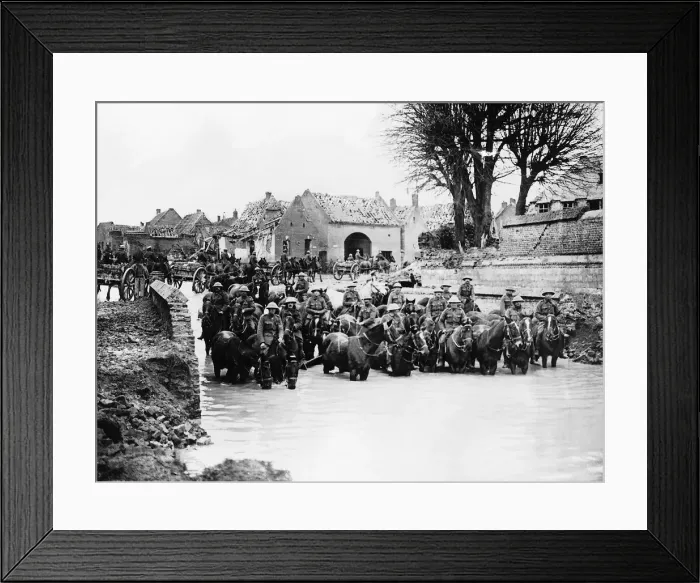 Framed Print : British cavalry watering their horses in a captured French village 1917