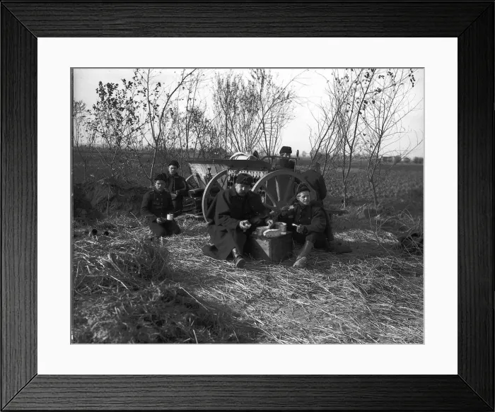 Framed Print : Belgian artillerymen having a meal by their gun during World War One Circa 1915 Framed Print : Belgian artillerymen having a meal by their gun during World War One Circa 1915